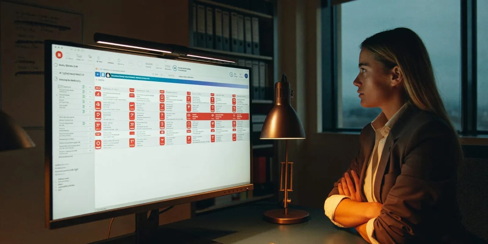 Mitarbeiterin am Abend vor einem Monitor, auf dem eine Automatisierung mit einer Reihe fehlgeschlagener Durchläufe stehen geblieben ist