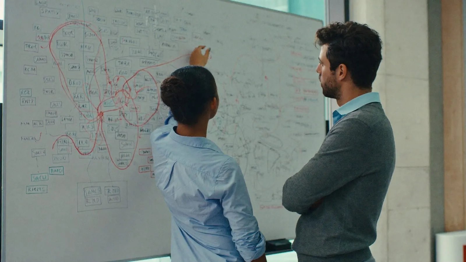 Zwei Mitarbeitende vor einem Whiteboard mit einem stark verzweigten Ablaufdiagramm, das über die Jahre unübersichtlich gewachsen ist